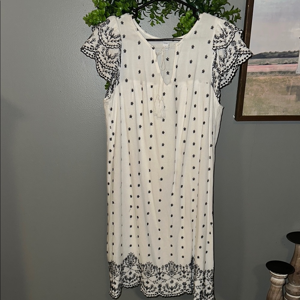 Elegant White and Black Embroidered Dress